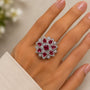 CZ Floral Cocktail Ring – Ruby Red Variant | 18K Gold Plated | Carryallco India