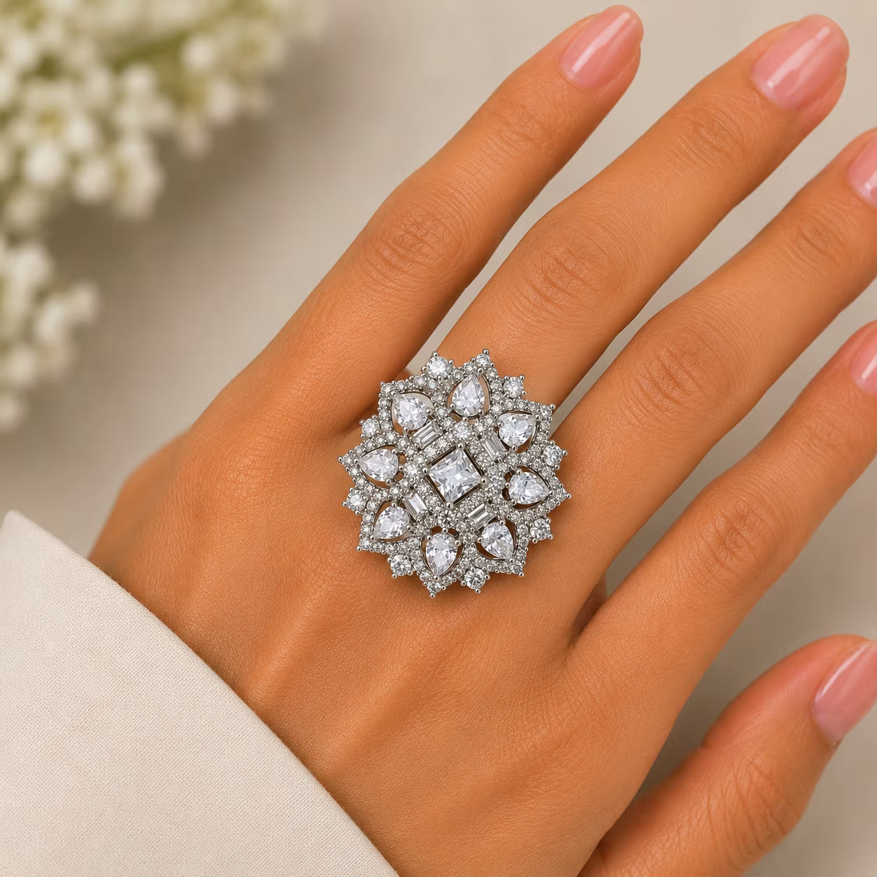 CZ Floral Cocktail Ring – Clear CZ Variant | 18K Gold Plated | Carryallco India