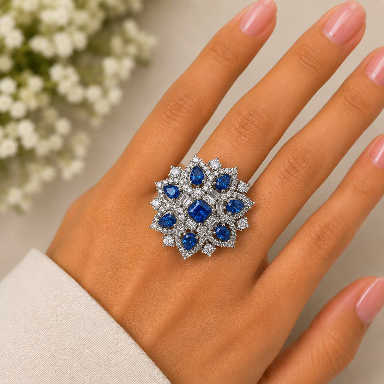 CZ Floral Cocktail Ring – Blue Sapphire Variant | 18K Gold Plated | Carryallco India