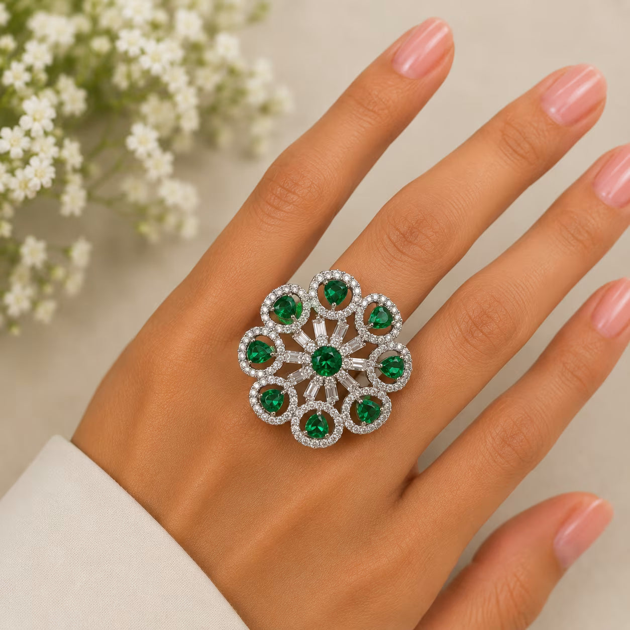 Hand wearing a decorative ring with green gemstones against a neutral background