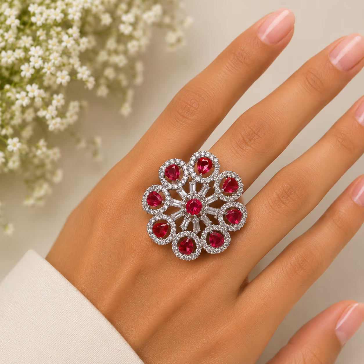 Hand wearing a ring with red gemstones against a neutral background