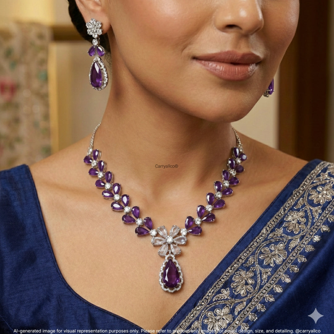 Amethyst Purple Marquise American Diamond Necklace Set