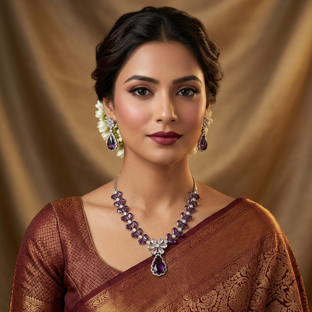 Amethyst Purple Marquise American Diamond Necklace Set | CARRYALLCO