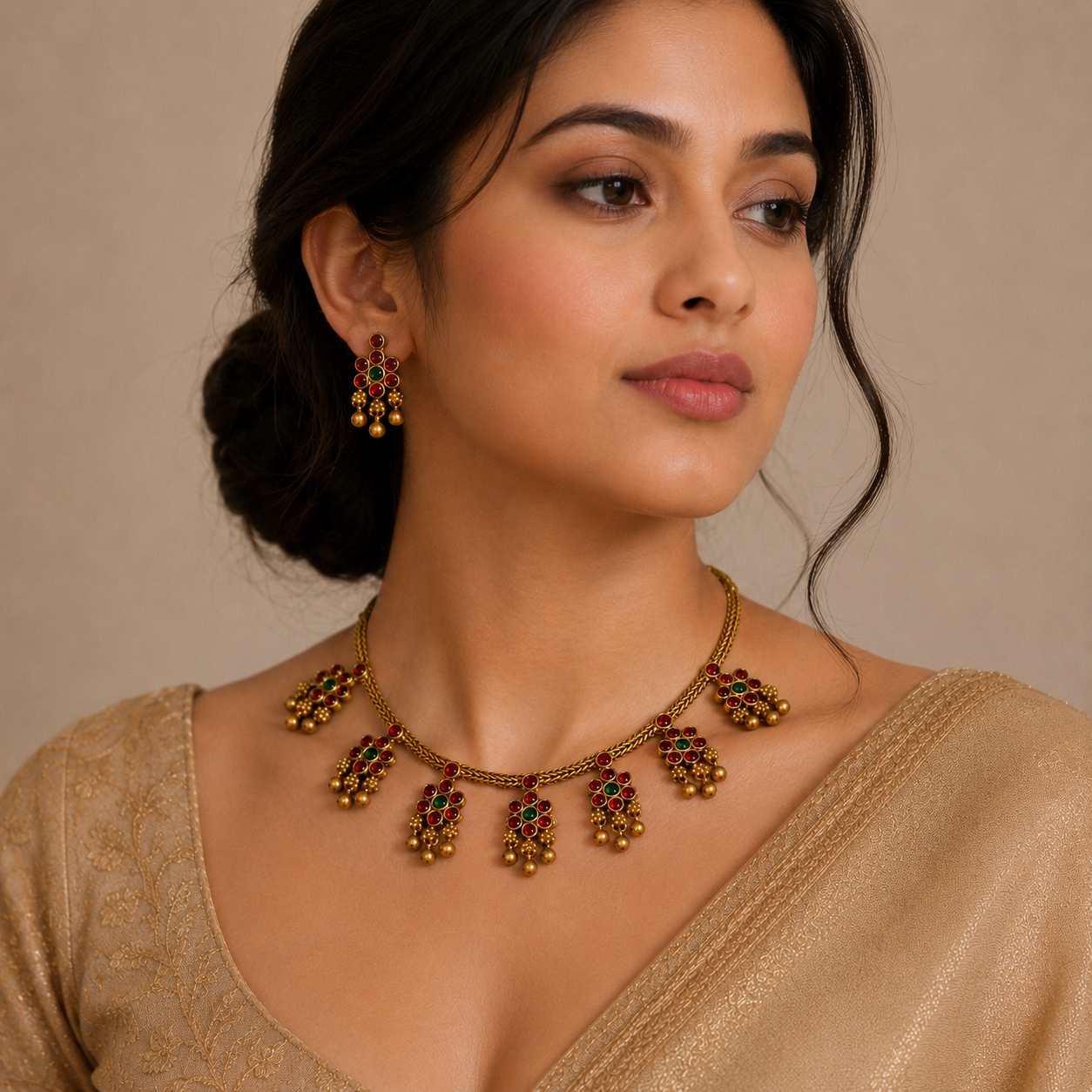 Woman wearing gold jewelry with green gemstones against a beige background