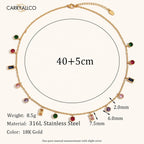 Gold necklace with colored stones and measurement details on a white background