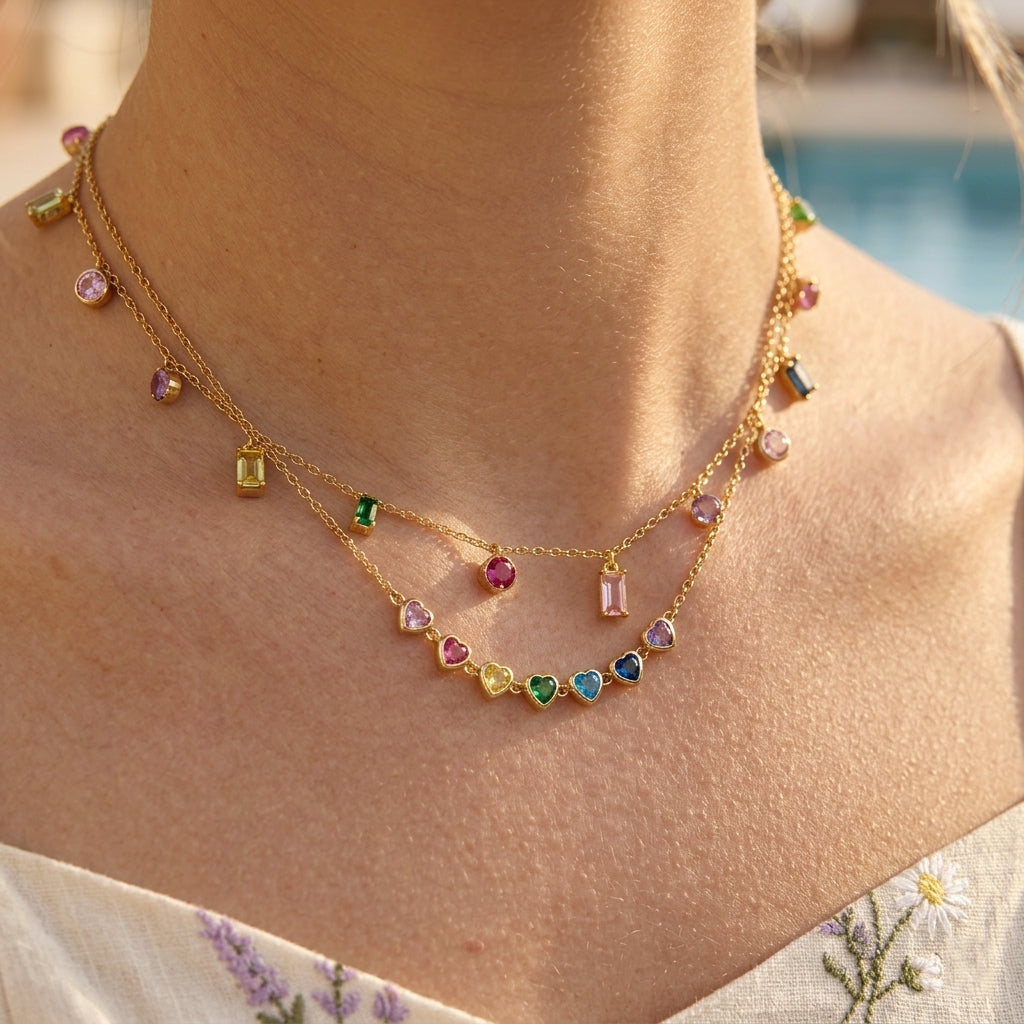 Gold necklace with colorful gemstones worn by a person with a blurred outdoor background