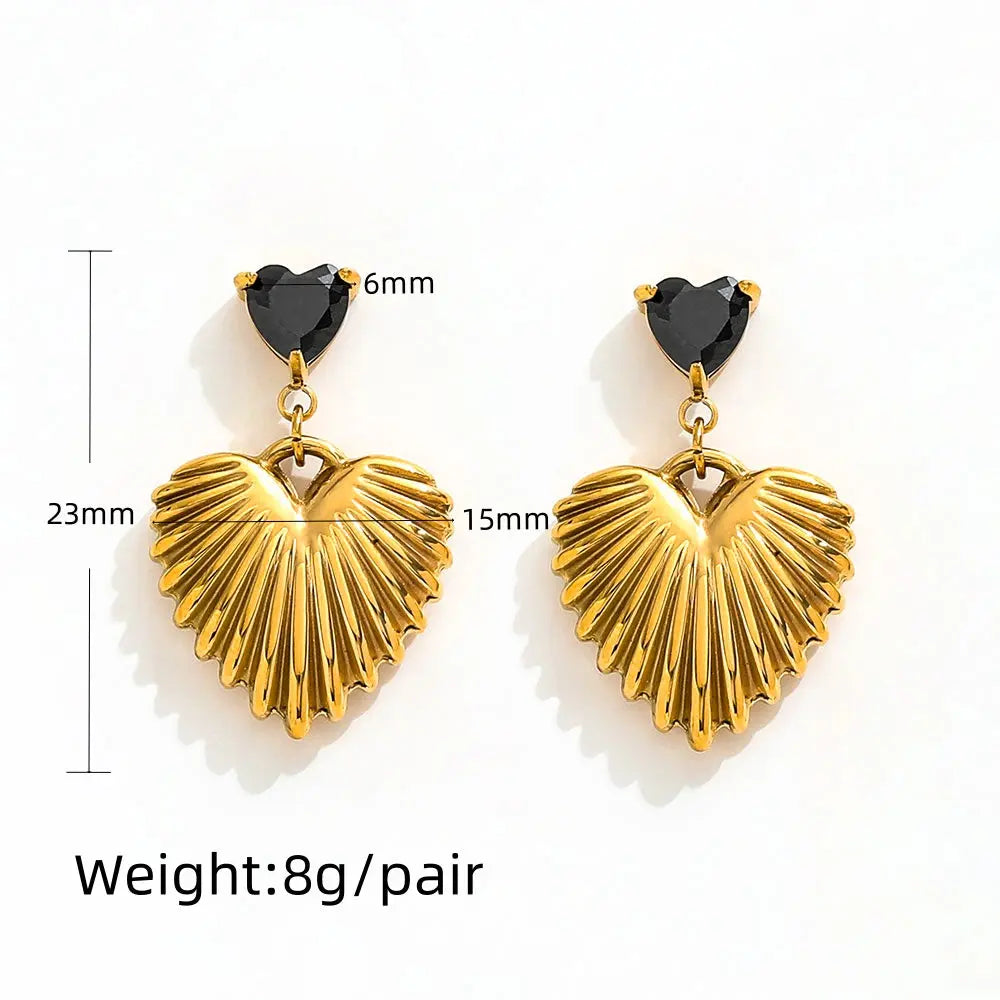 Black Zircon Heart Drop Earrings – 18K Gold Plated - CARRYALLCO