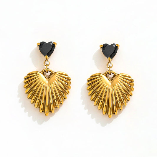 Black Zircon Heart Drop Earrings – 18K Gold Plated