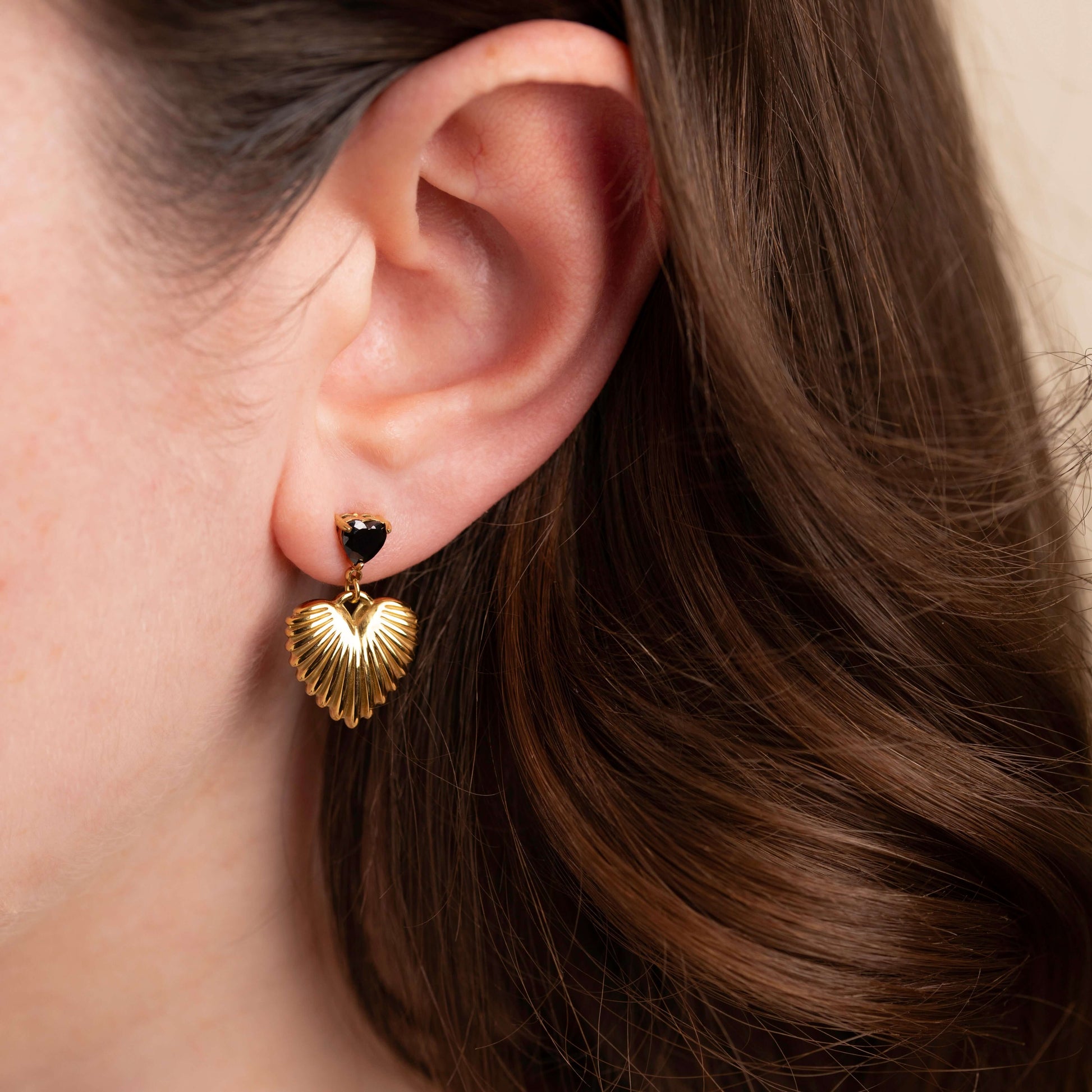 Black Zircon Heart Drop Earrings – Worn View | 18K Gold Plated | Carryallco India