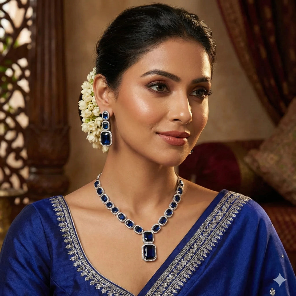 Blue Crystal American Diamond Necklace Set