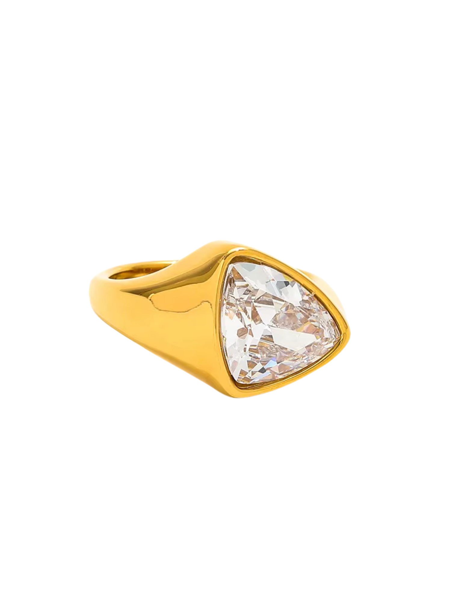 Gold ring with a large, clear gemstone on a white background