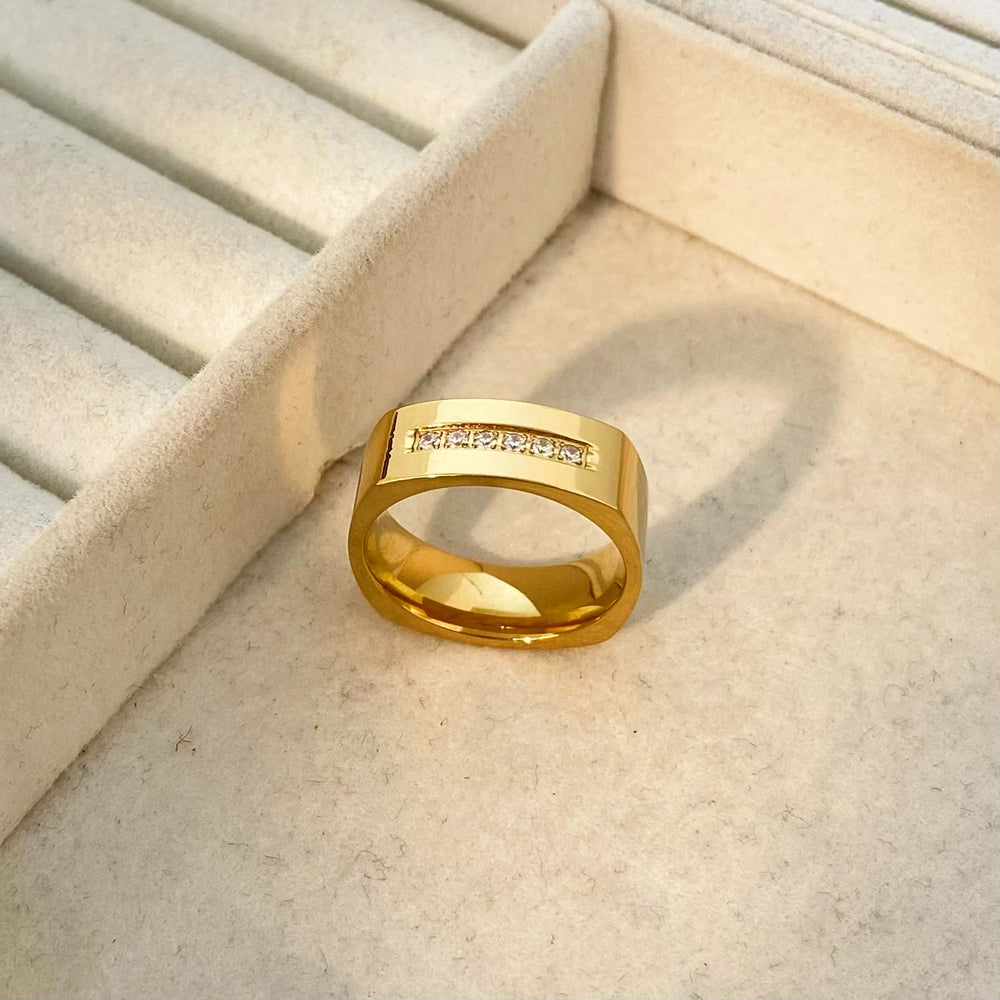 Bold Square Band 18K Gold Plated Titanium Ring with Brilliant Cut Stones