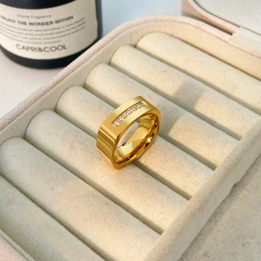 Bold Square Band 18K Gold Plated Titanium Ring with Brilliant Cut Stones
