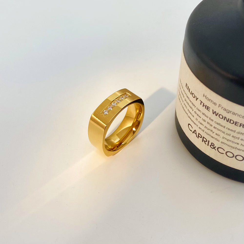 Bold Square Band 18K Gold Plated Titanium Ring with Brilliant Cut Stones