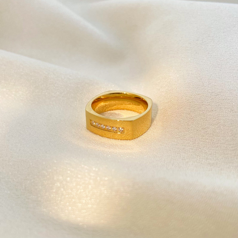 Bold Square Band 18K Gold Plated Titanium Ring with Brilliant Cut Stones