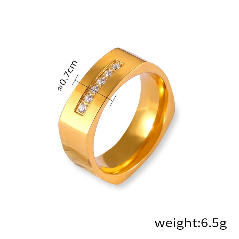 Bold Square Band 18K Gold Plated Titanium Ring with Brilliant Cut Stones