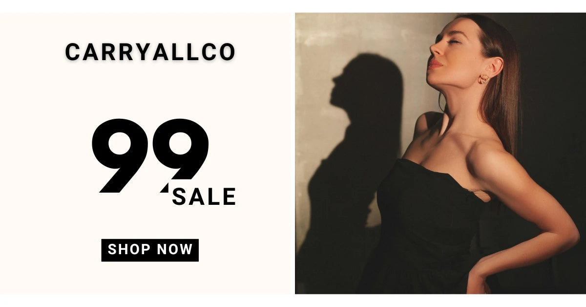 Woman in a black dress with a '999 Sale' text overlay on a white background