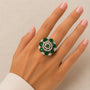 CZ Starburst Cocktail Ring – Emerald Green Variant | 18K Gold Plated | Carryallco India