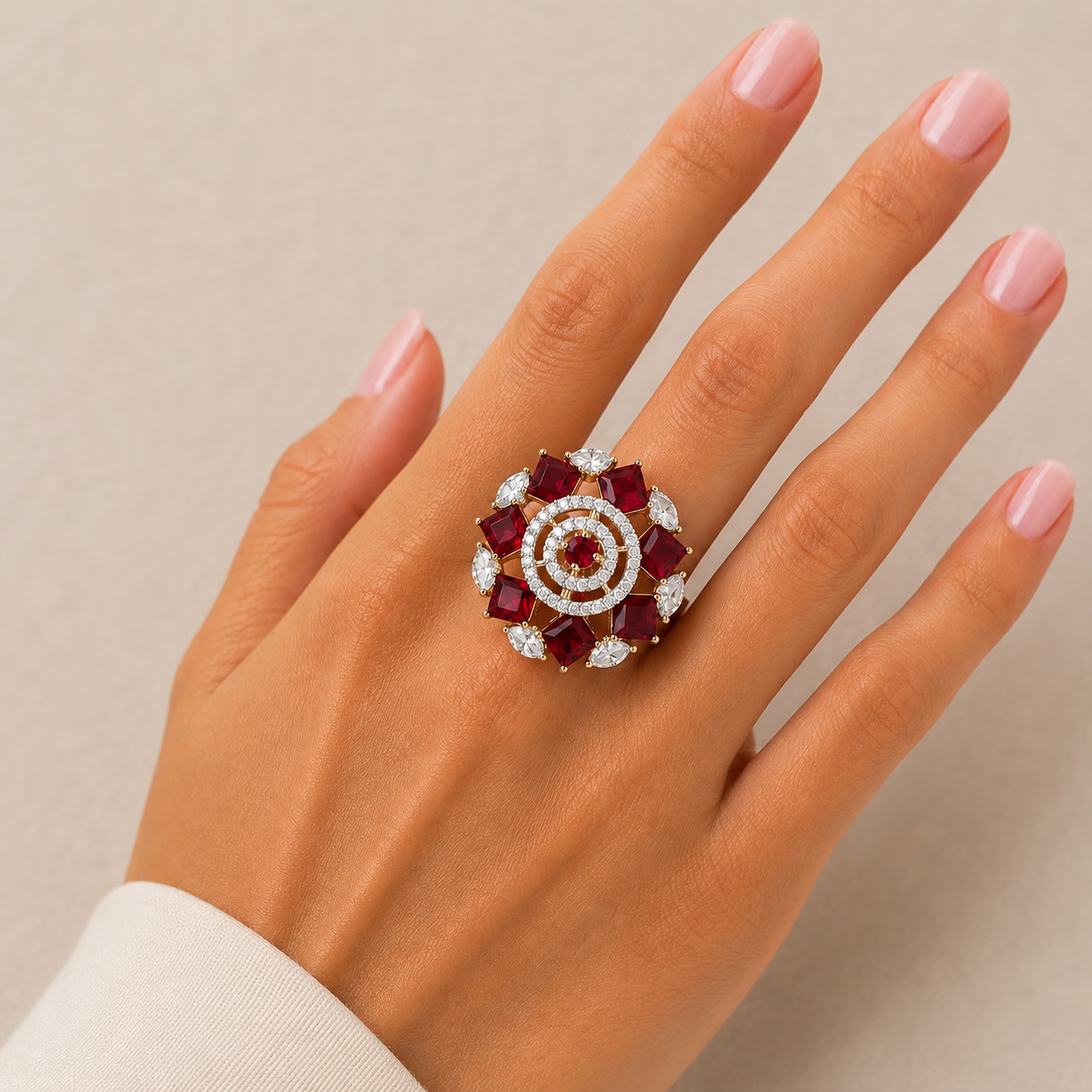 CZ Starburst Cocktail Ring – Red Ruby Variant | 18K Gold Plated | Carryallco India