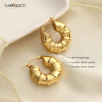 Gold hoop earrings with 'CARRYALLCO' branding on a beige background