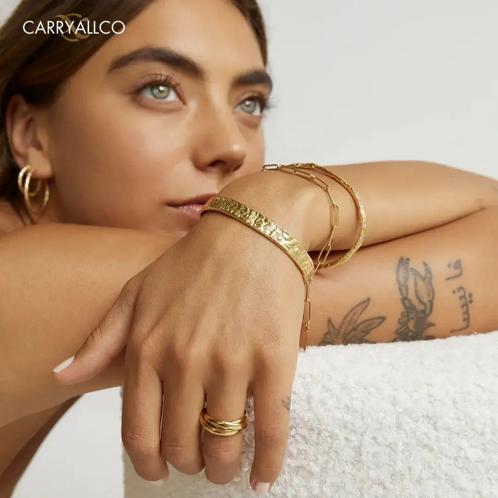 Carryallco 18K Gold Plated Hammered Wide Cuff Bangle
