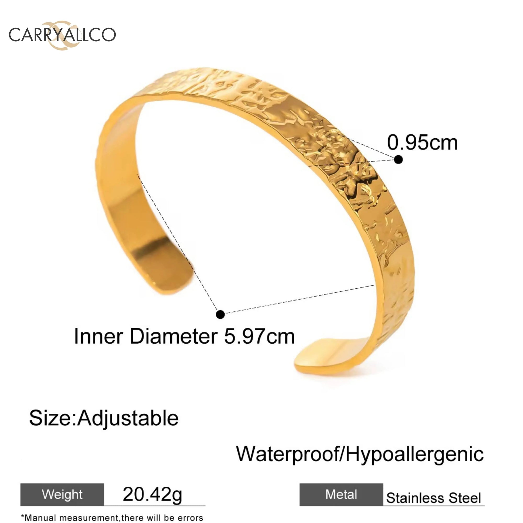 Carryallco 18K Gold Plated Hammered Wide Cuff Bangle dimension