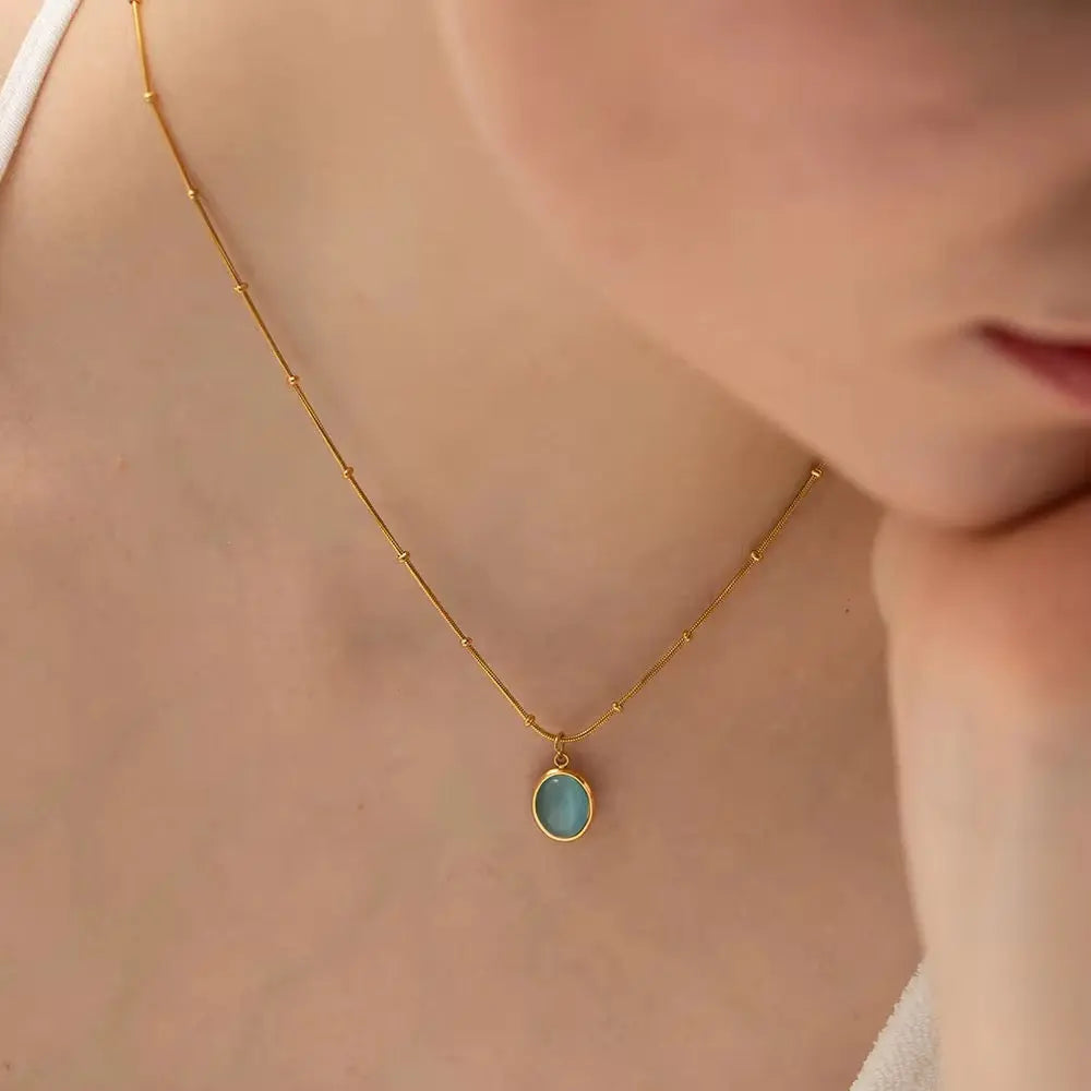 Carryallco 18K Gold Bead Chain Blue Stone Necklace