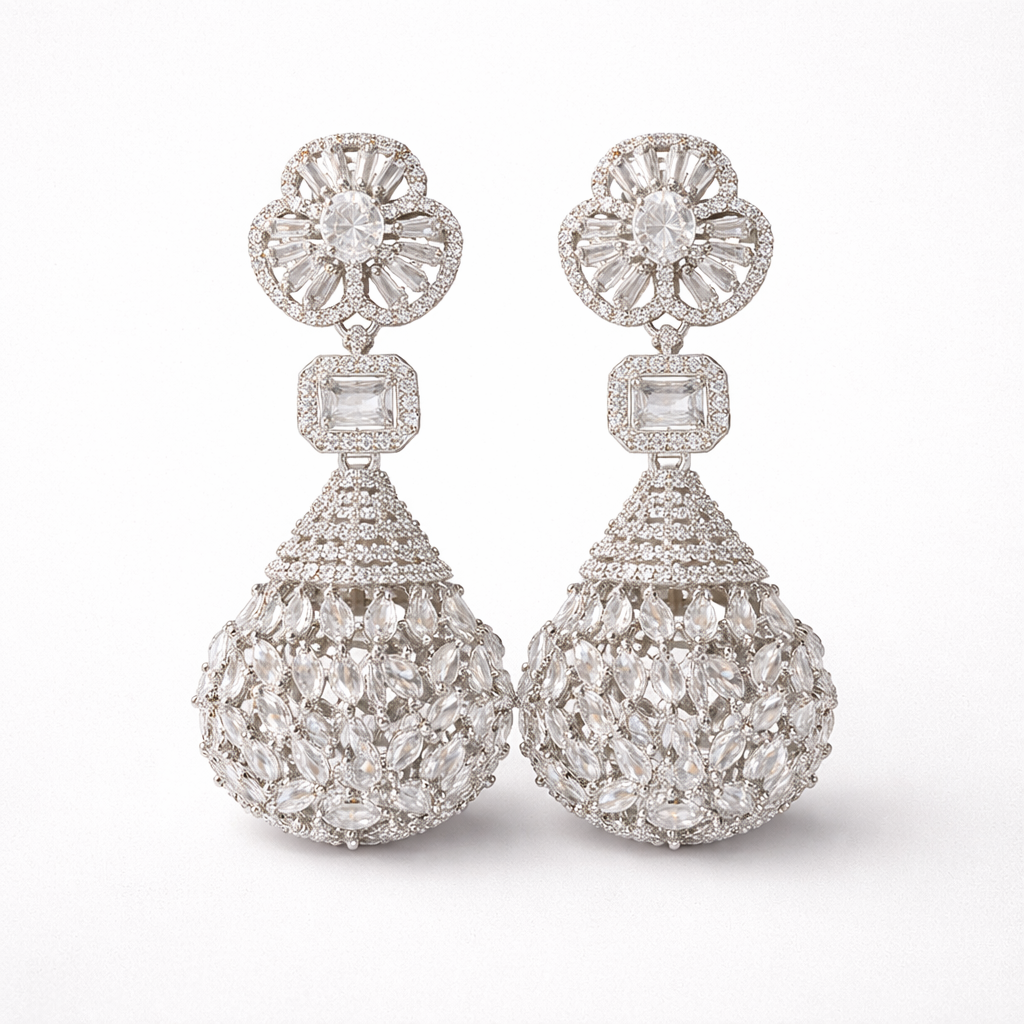 Carryallco American Diamond Designer Jhumka White Drop Earrings for Women