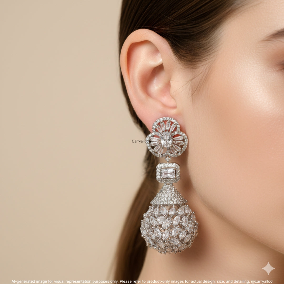 Carryallco American Diamond Designer Jhumka White Drop Earrings for Women