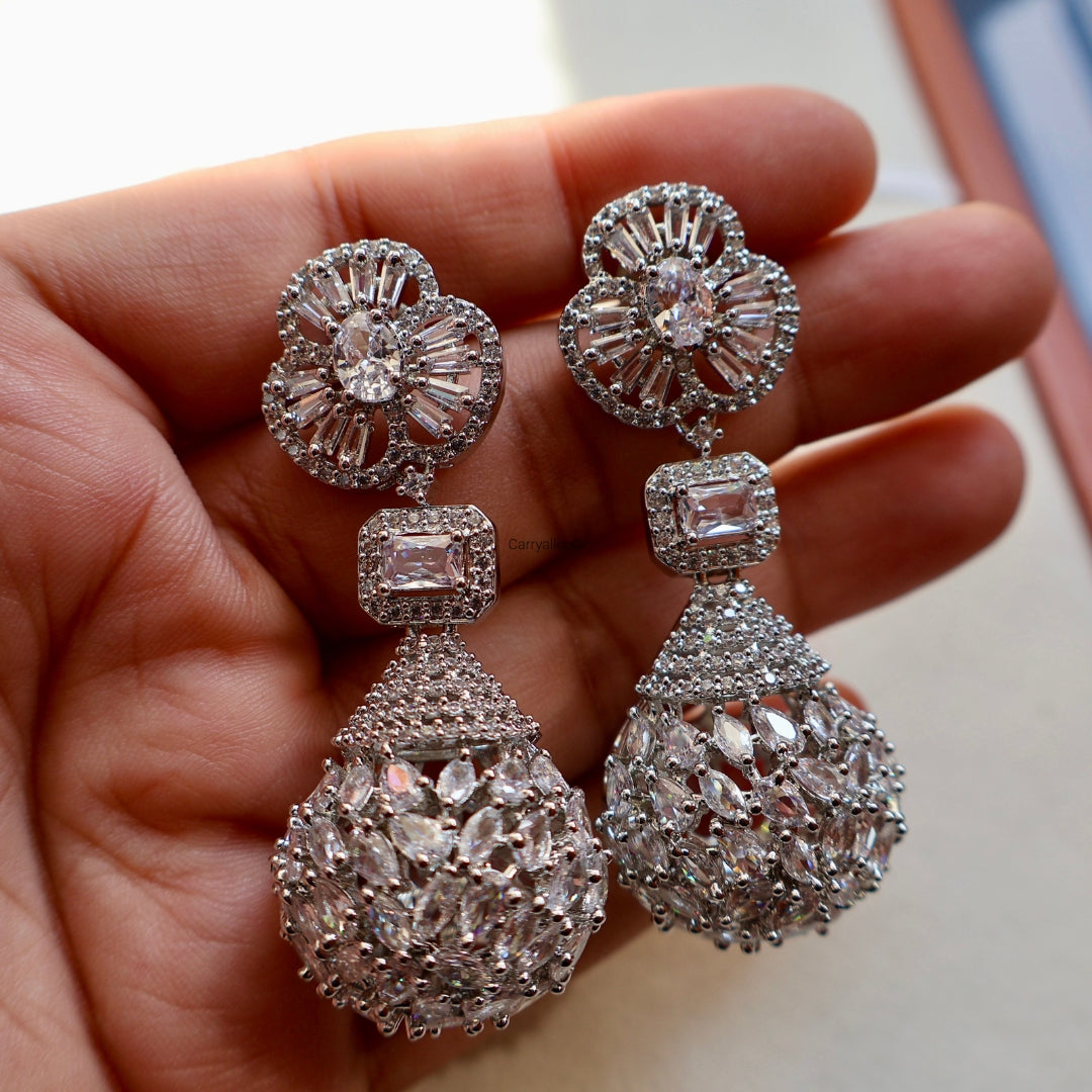 Carryallco American Diamond Designer Jhumka White Drop Earrings for Women