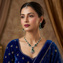Woman wearing a blue traditional outfit with green and silver jewelry against a brown curtain background