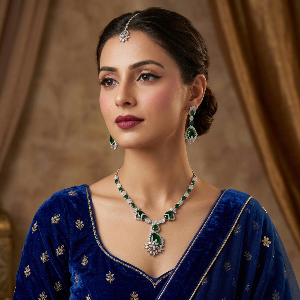 Woman wearing a blue traditional outfit with green and silver jewelry against a brown curtain background