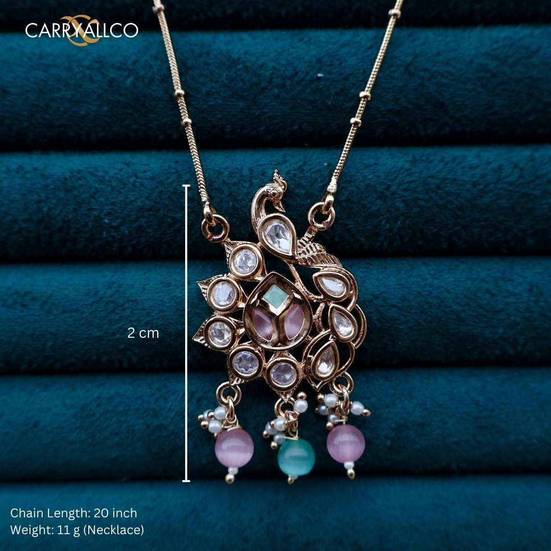 Carryallco Gold Plated Multicolor Kundan Peacock Pendant Set CARRYALLCO