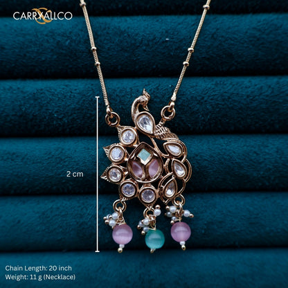 Carryallco Gold Plated Multicolor Kundan Peacock Pendant Set