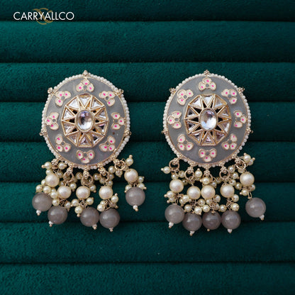 Carryallco Grey Meenakari Elegance with White Pearl Earring