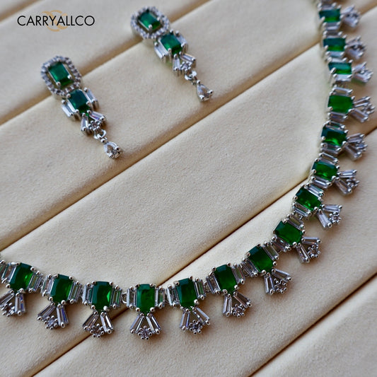 Carryallco Luxe Green & White American Diamond Necklace Set