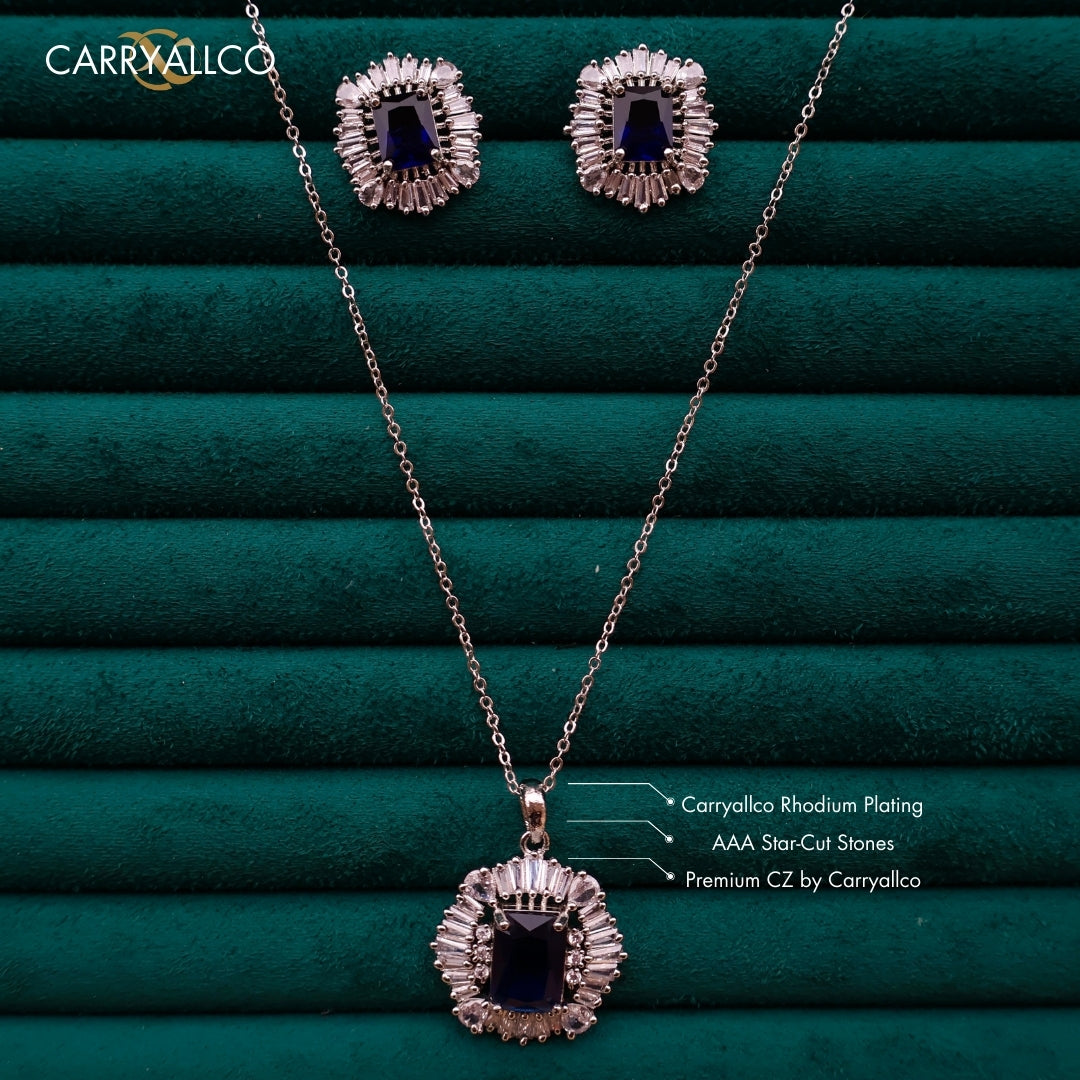 Carryallco Sapphire Square Charm American Diamond Pendant Set