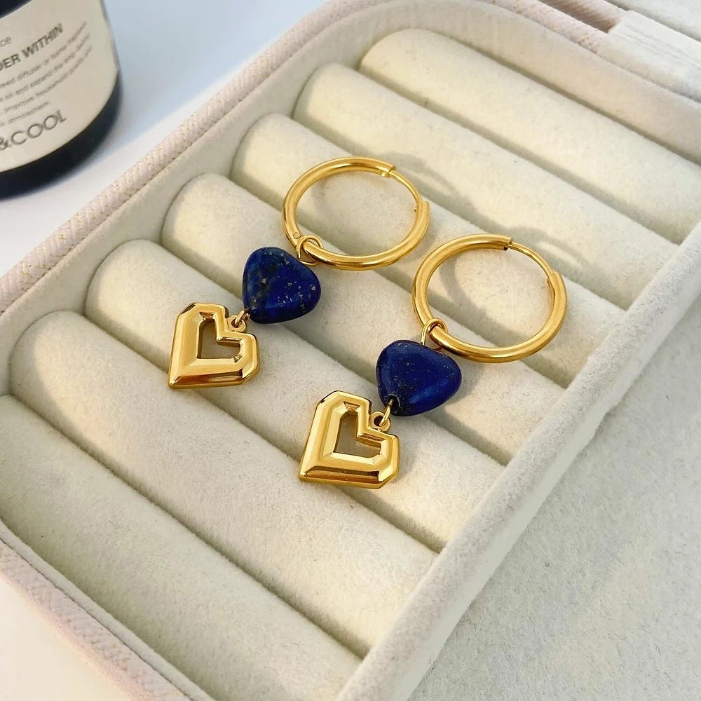 Heart Stone Drop Hoop Earrings – hoops with blue and gold hearts in a jewellery tray
