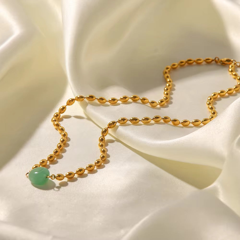 Carryallco 18K Gold-Plated Green Stone Oval Bead Necklace