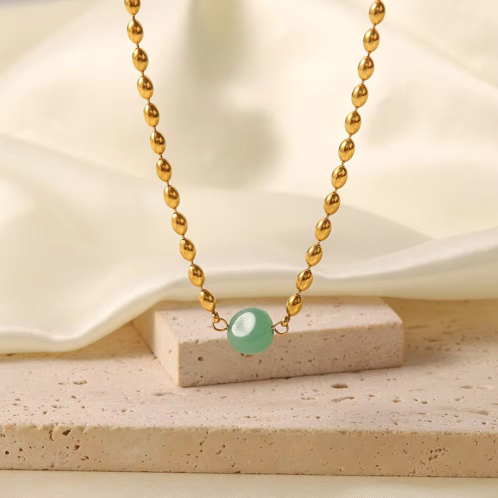 Carryallco 18K Gold-Plated Green Stone Oval Bead Necklace