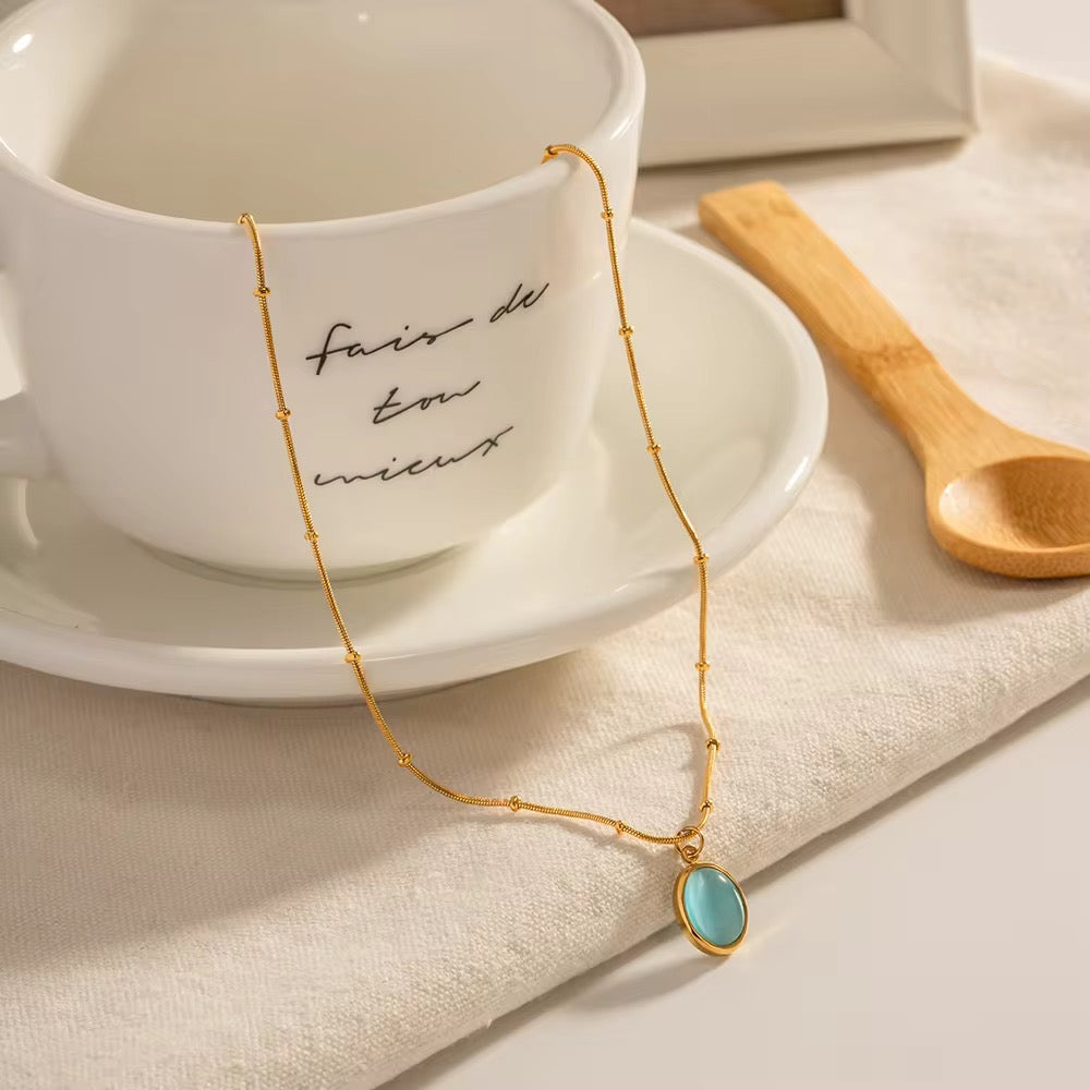 Carryallco 18K Gold Bead Chain Blue Stone Necklace