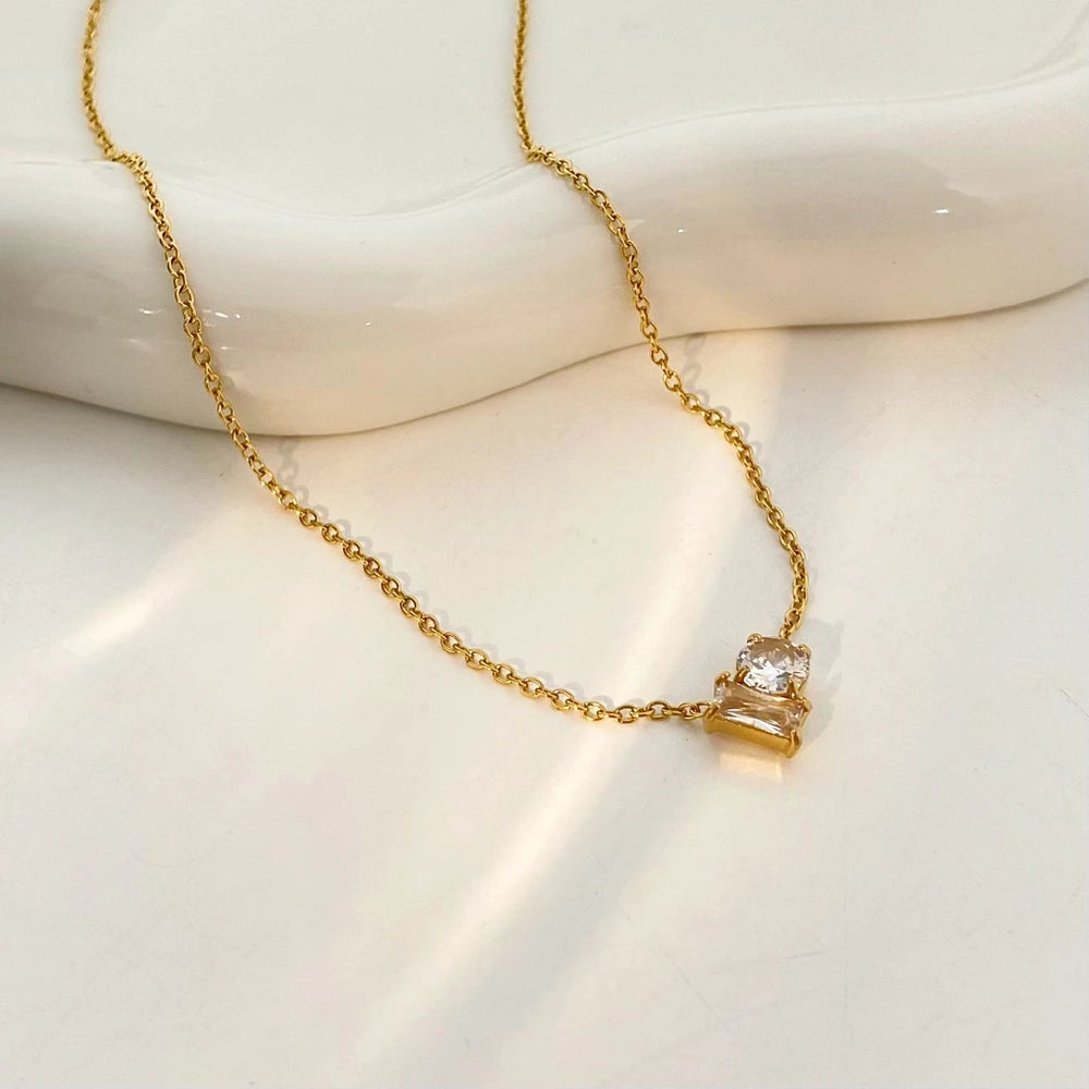 Carryallco 18K Gold Plated Dual-Stone Geometric Pendant Necklace