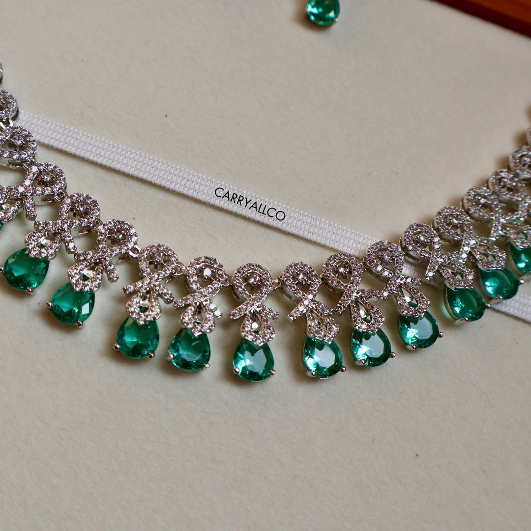 Aqua Gleam American Diamond Necklace Set – Pendant Detail | American Diamond Jewellery | Carryallco India