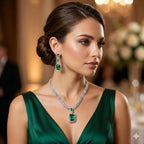 Woman wearing emerald and diamond jewelry in a formal setting