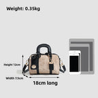 Handbag with dimensions and weight information on a white background