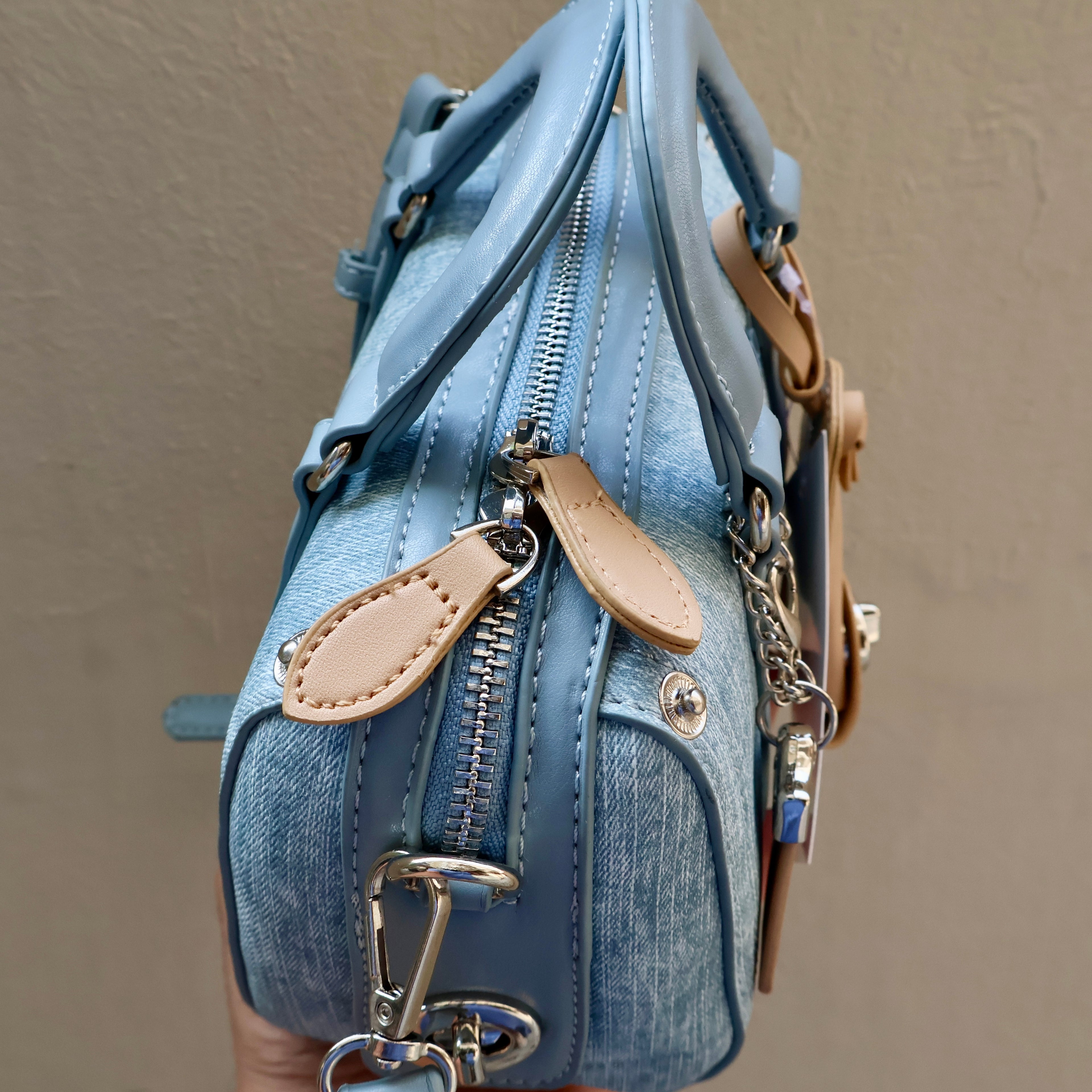 Carryallco Celeste – Denim Blue Vintage Full Vegan Leather Boston Bag