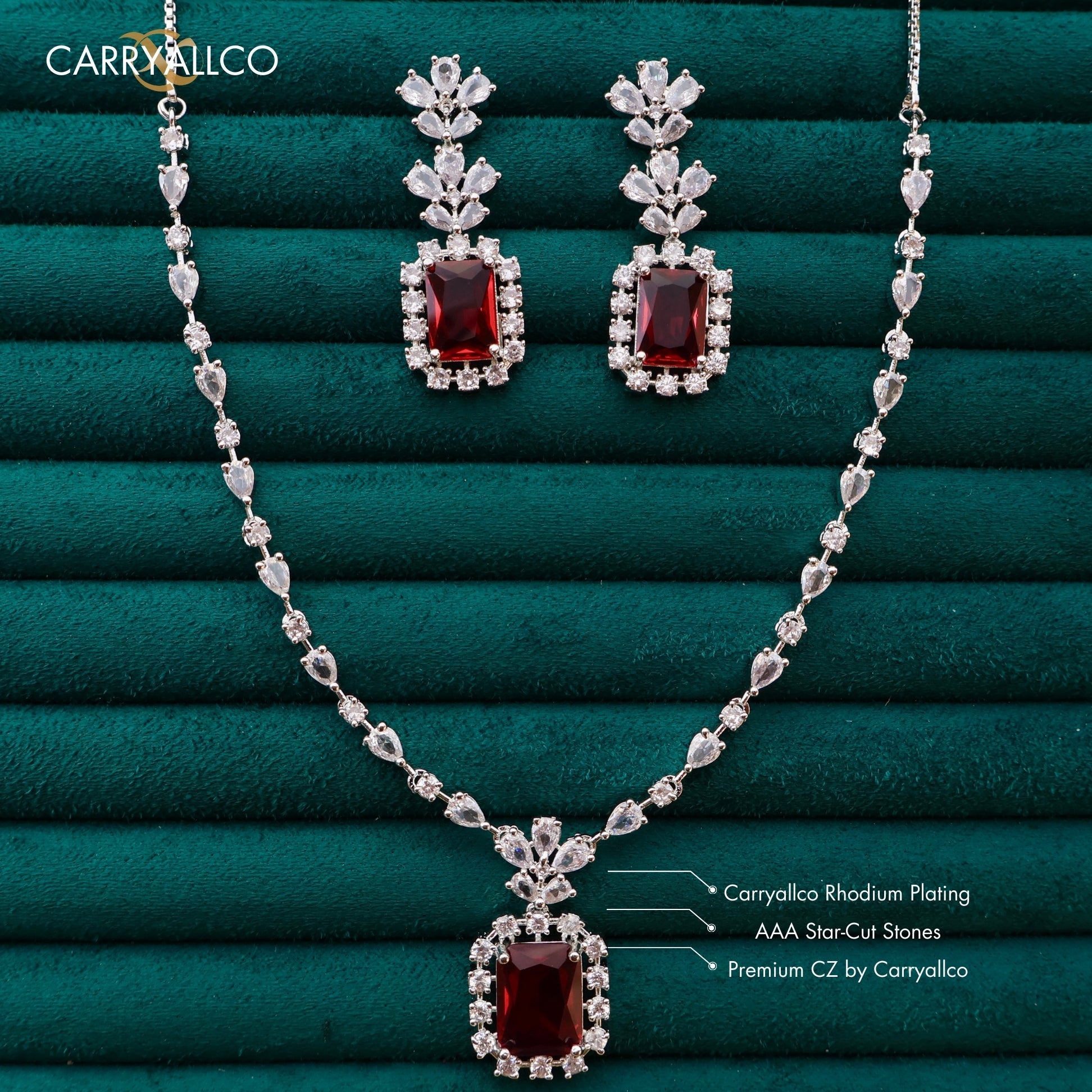 Carryallco Crimson Charm Leaf Accent American Diamond Necklace Set Carryallco