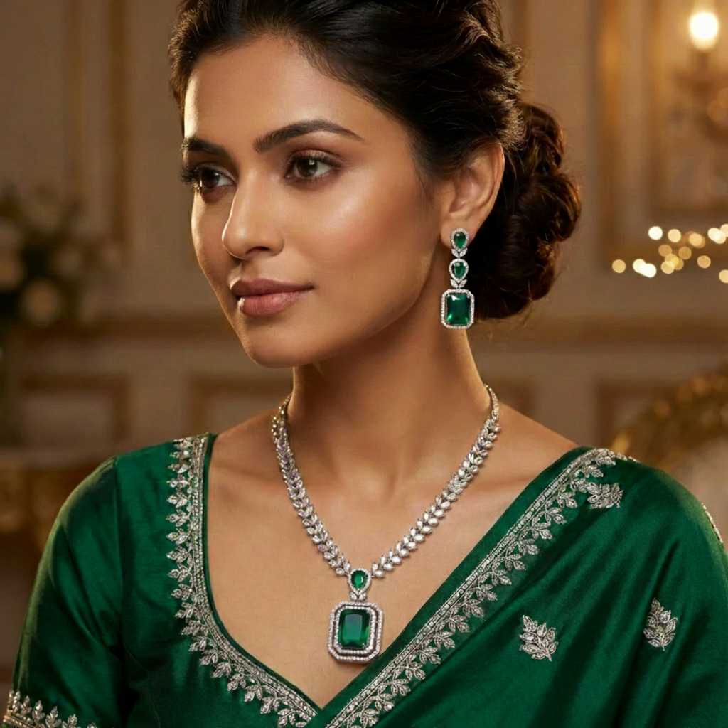 Woman wearing green jewelry set with necklace and earrings in a formal setting