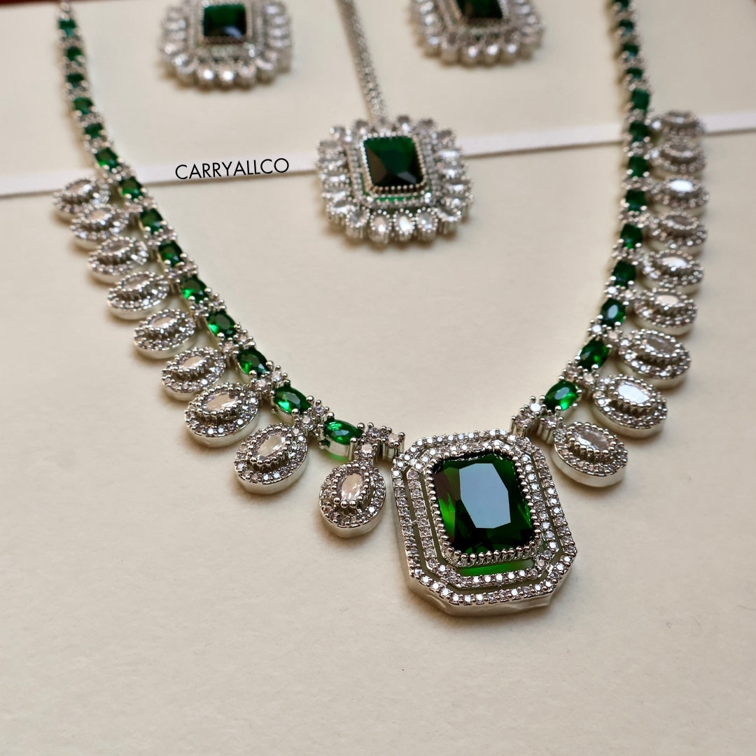 Emerald Square Royal Necklace Set – Pendant Detail | American Diamond Jewellery | Carryallco India