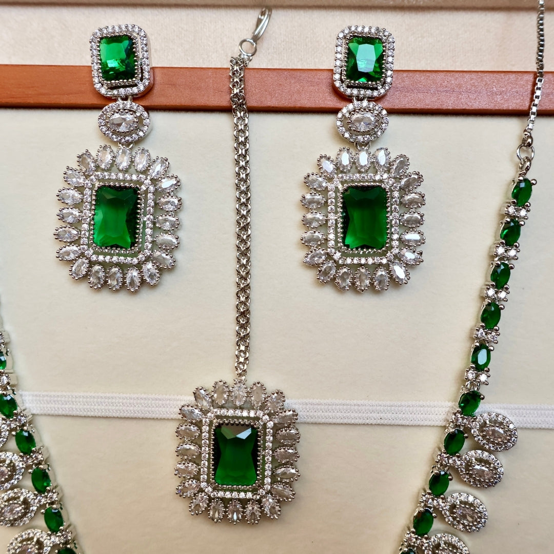 Emerald Square Royal Necklace Set – Side View | American Diamond Jewellery | Carryallco India